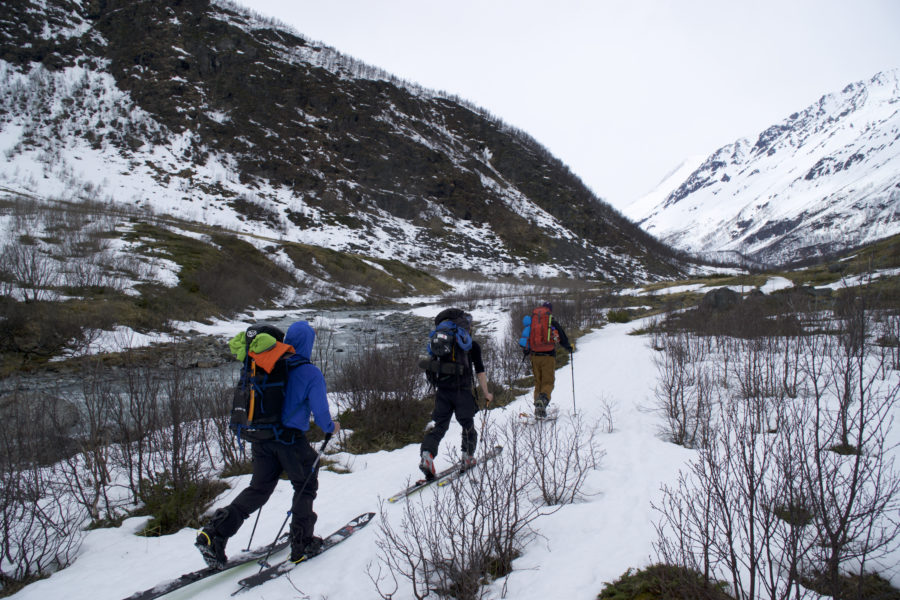 Heading up the Lynsdalen valley during the Lyngen Alps Traverse