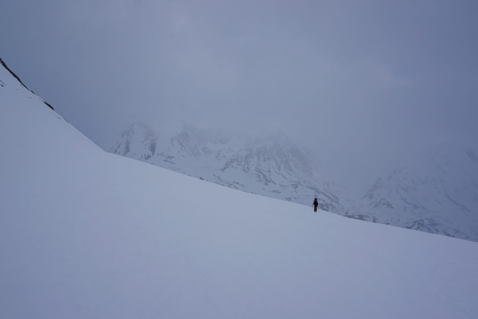 Battling through a storm while on the Lyngen Alps Traverse
