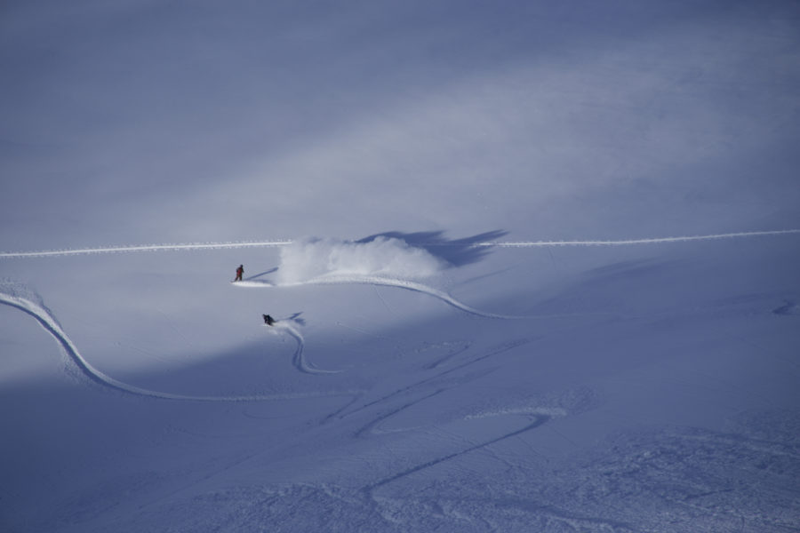 Looking down from the summit of Tvillingstinden during the Lyngen Alps Traverse