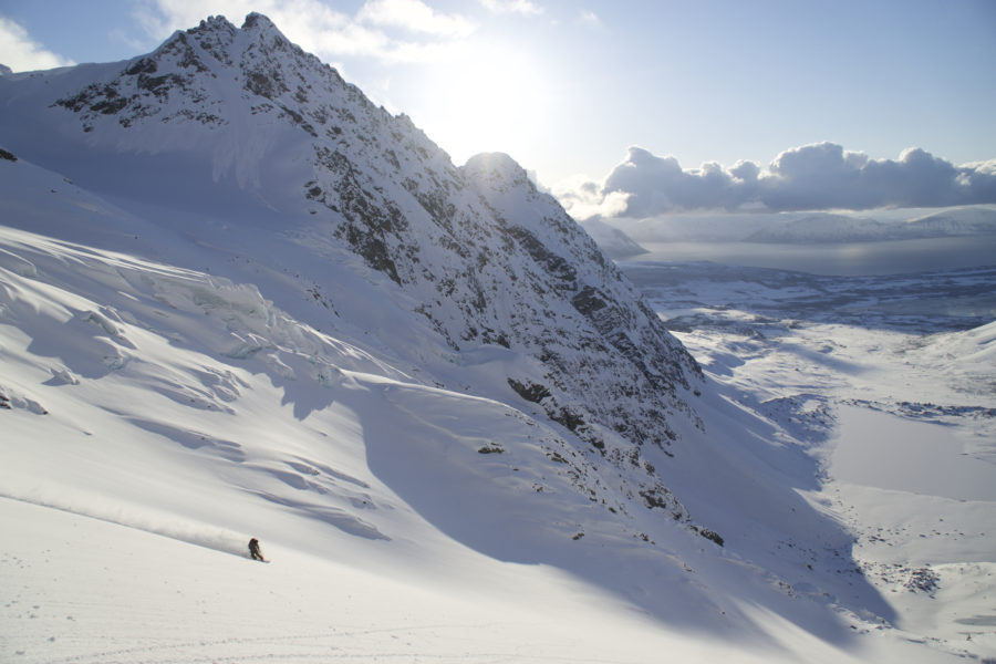 Snowboarding down the lower glacier