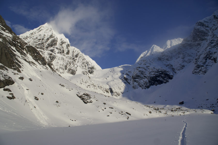 Looking back up at our tracks