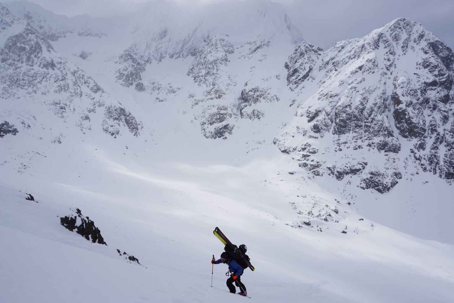 Hiking up the North ridge to access another bowl