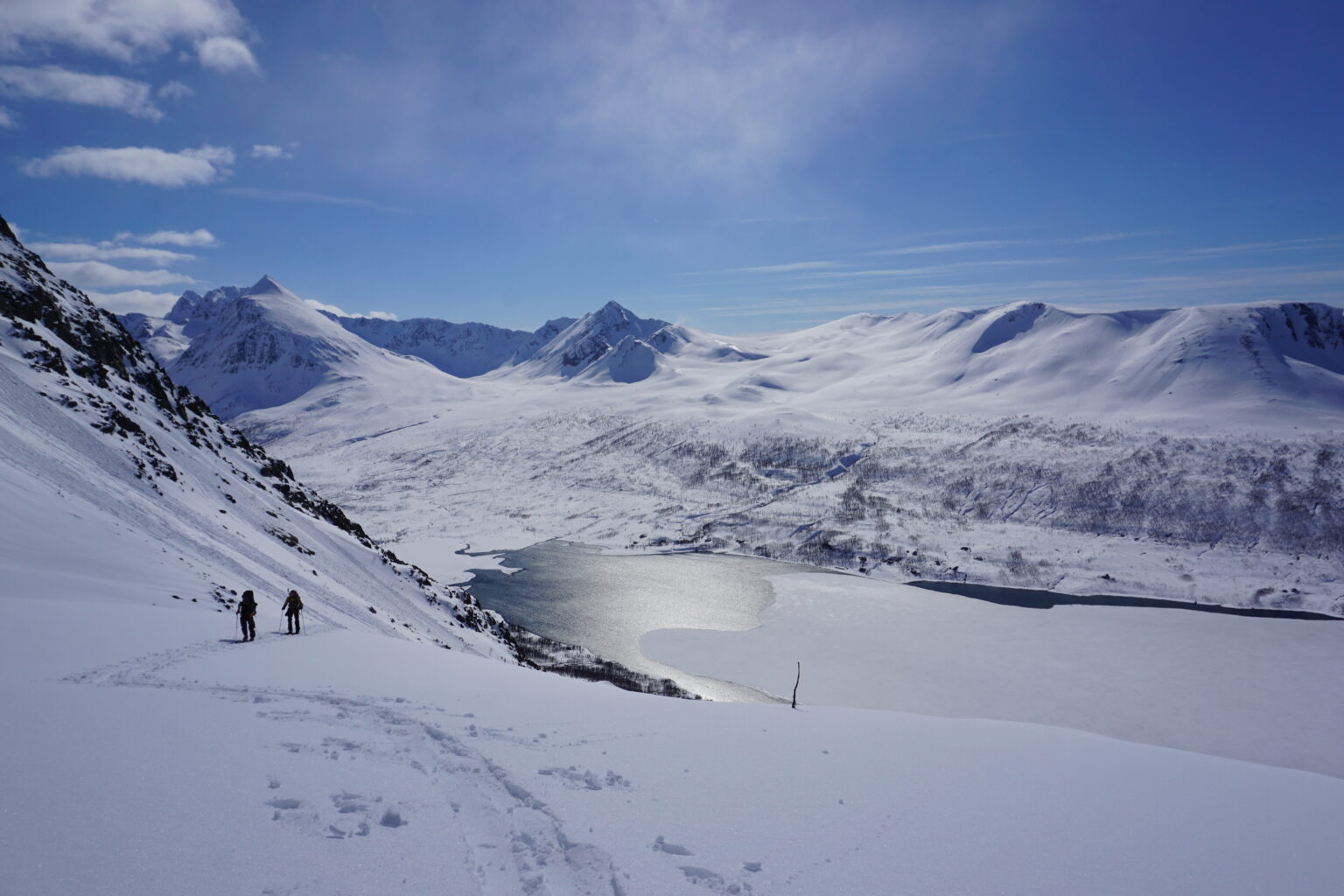Heading up the Southwest slopes of Storgalten while on the Lyngen Alps Traverse