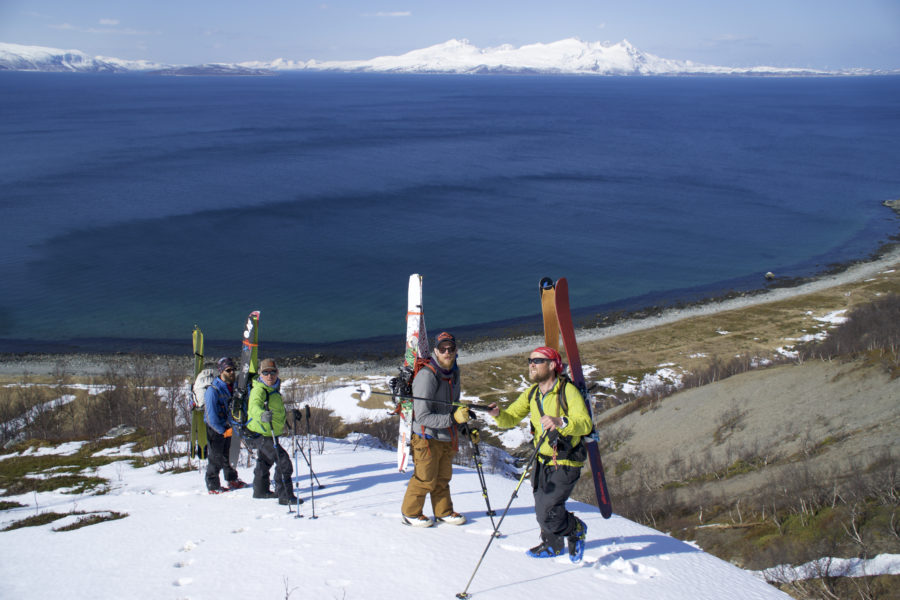 Making our way up the Northwest face of Russelvfjellet while on the Lyngen Alps Traverse