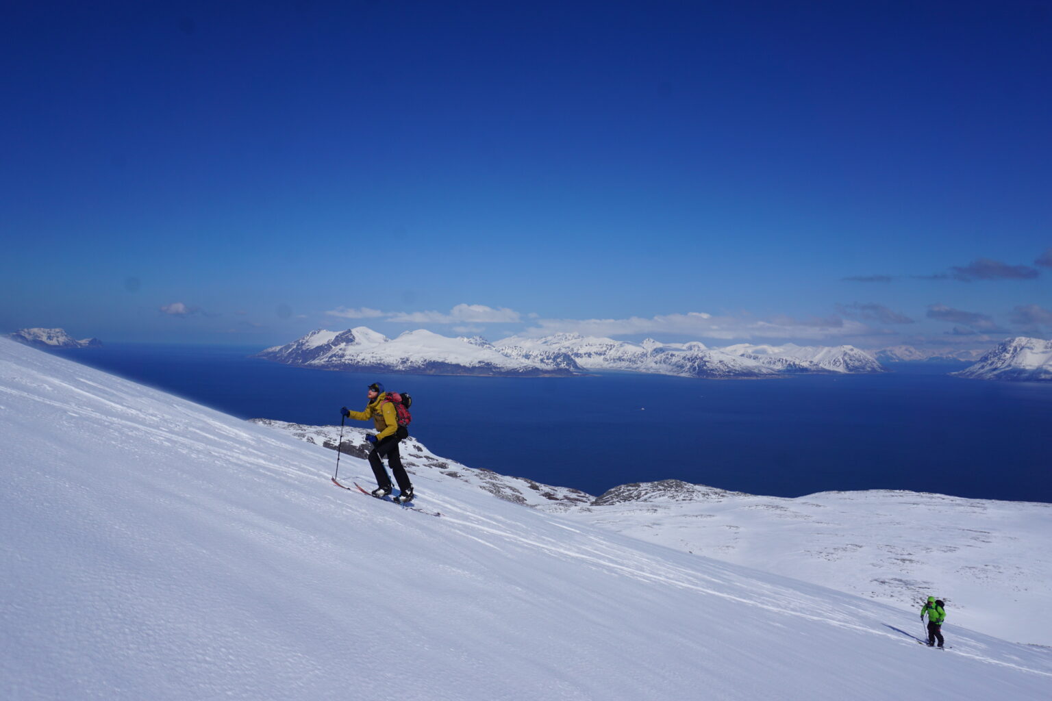 Skinning up the North face of Russelvfjellet while on the Lyngen Alps Traverse