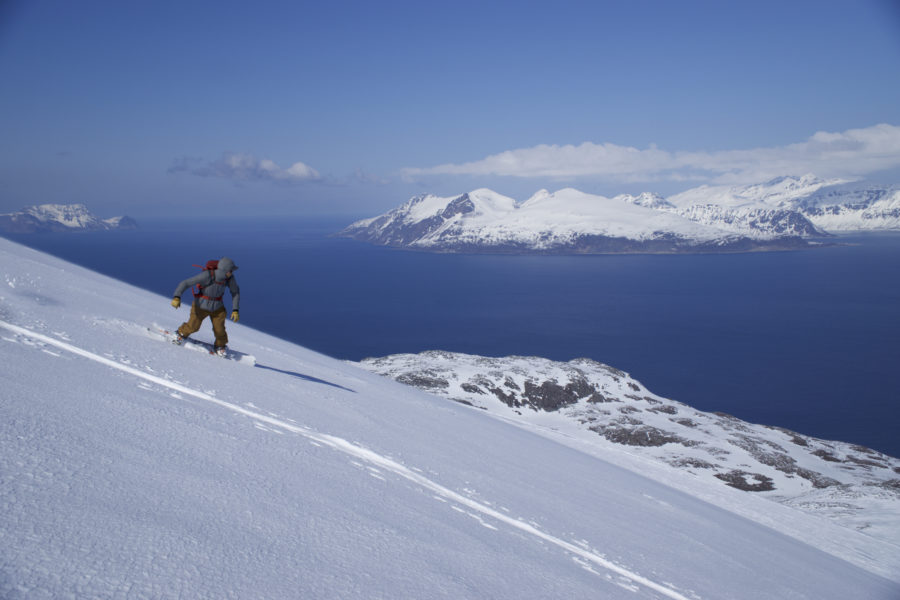 Our last snowboard run down Russelvfjellet during the Lyngen Alps Traverse
