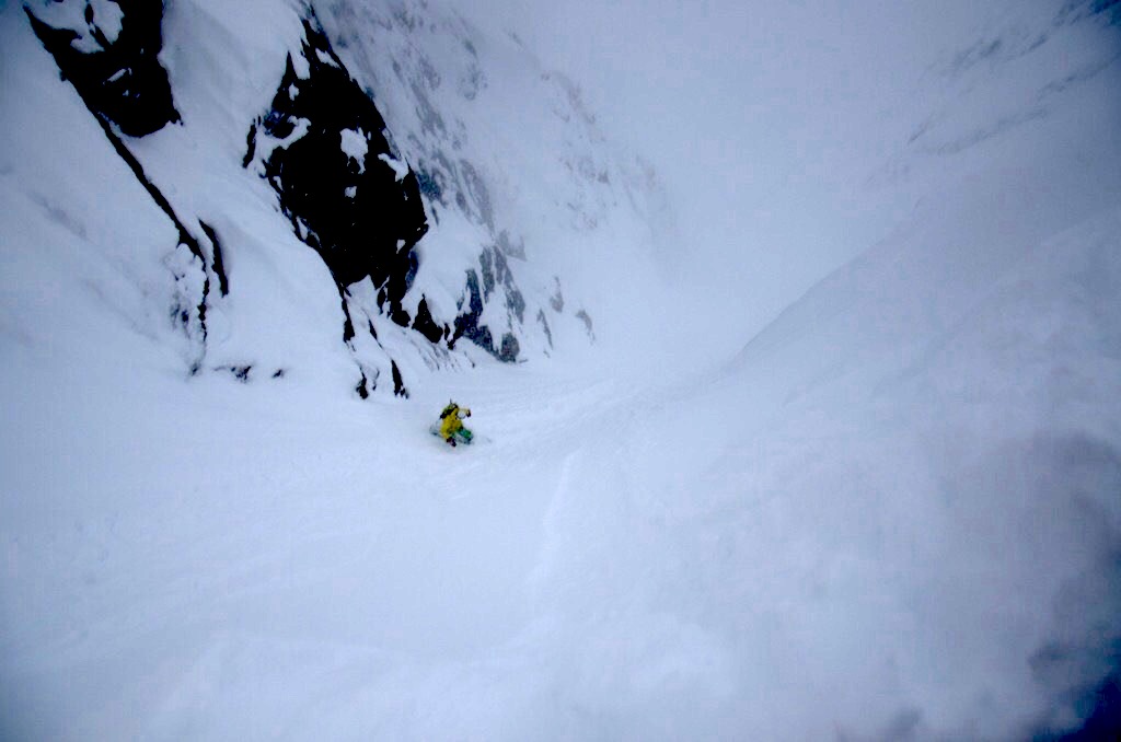 Snowboarding the North Chute of Store Kjostinden