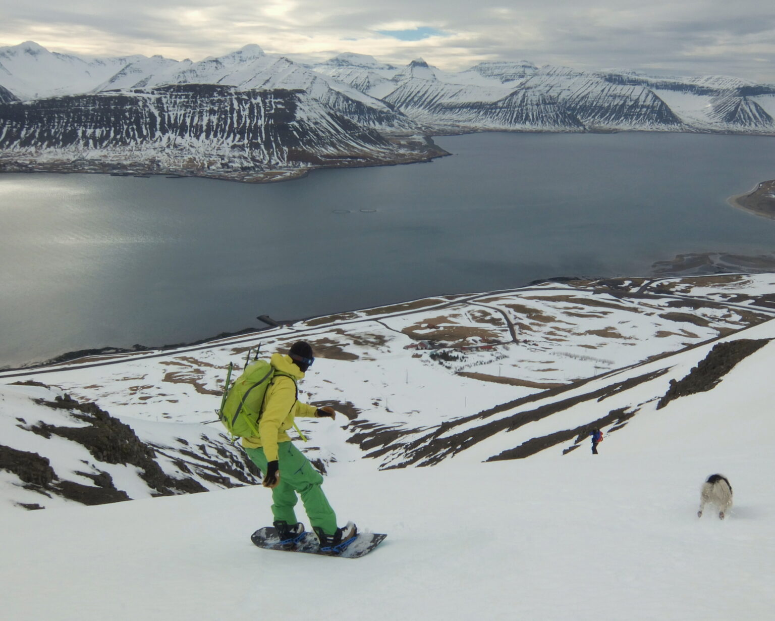 Snowboarding down to Dýrafjörður in the Westfjords of Iceland