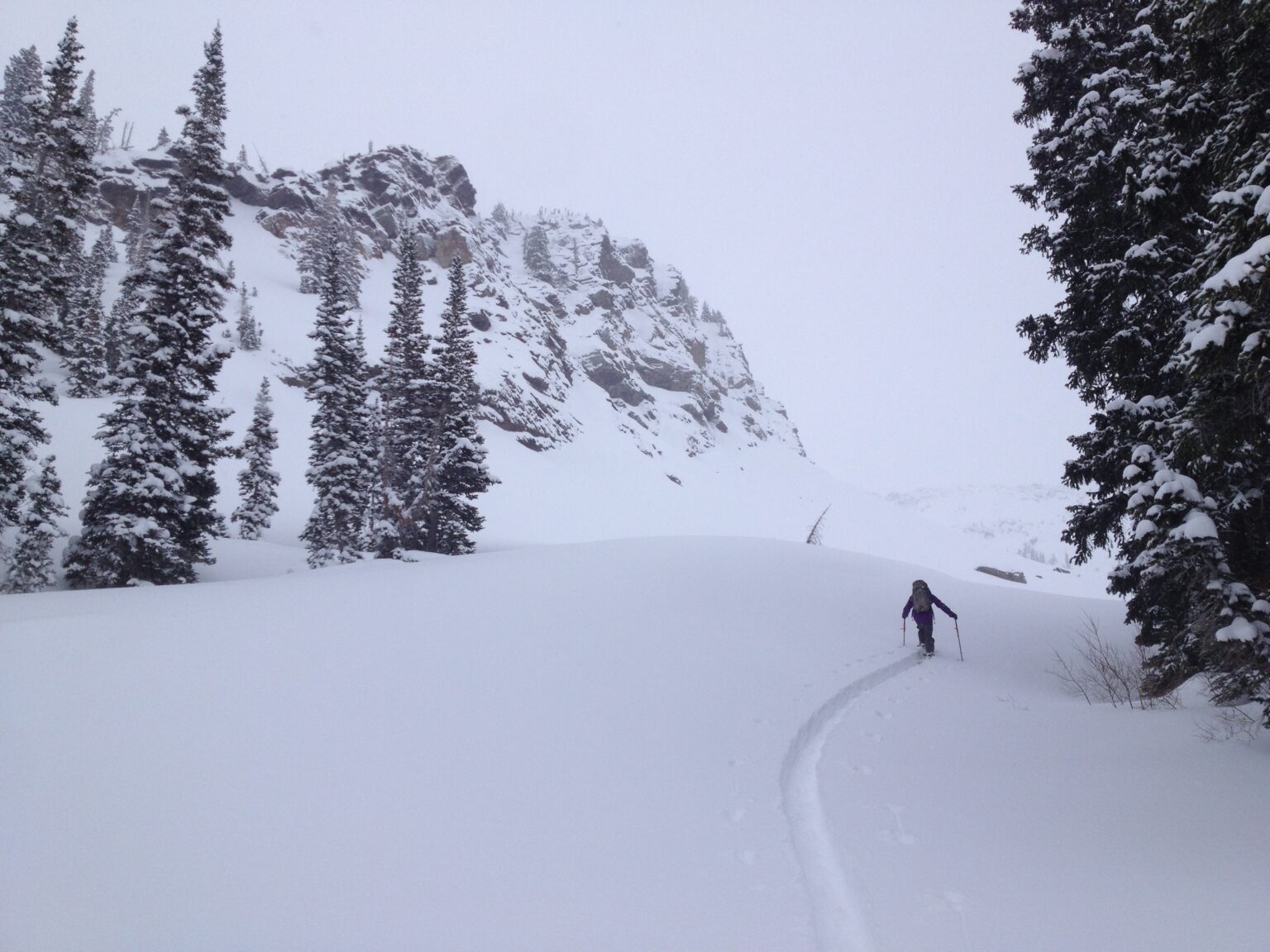 Breaking trail up to Lake Blanche while on a ski tour