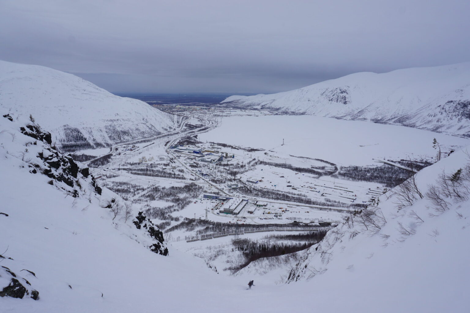 Snowboarding down Mount Juksporr in the Khibiny Mountains of Russia