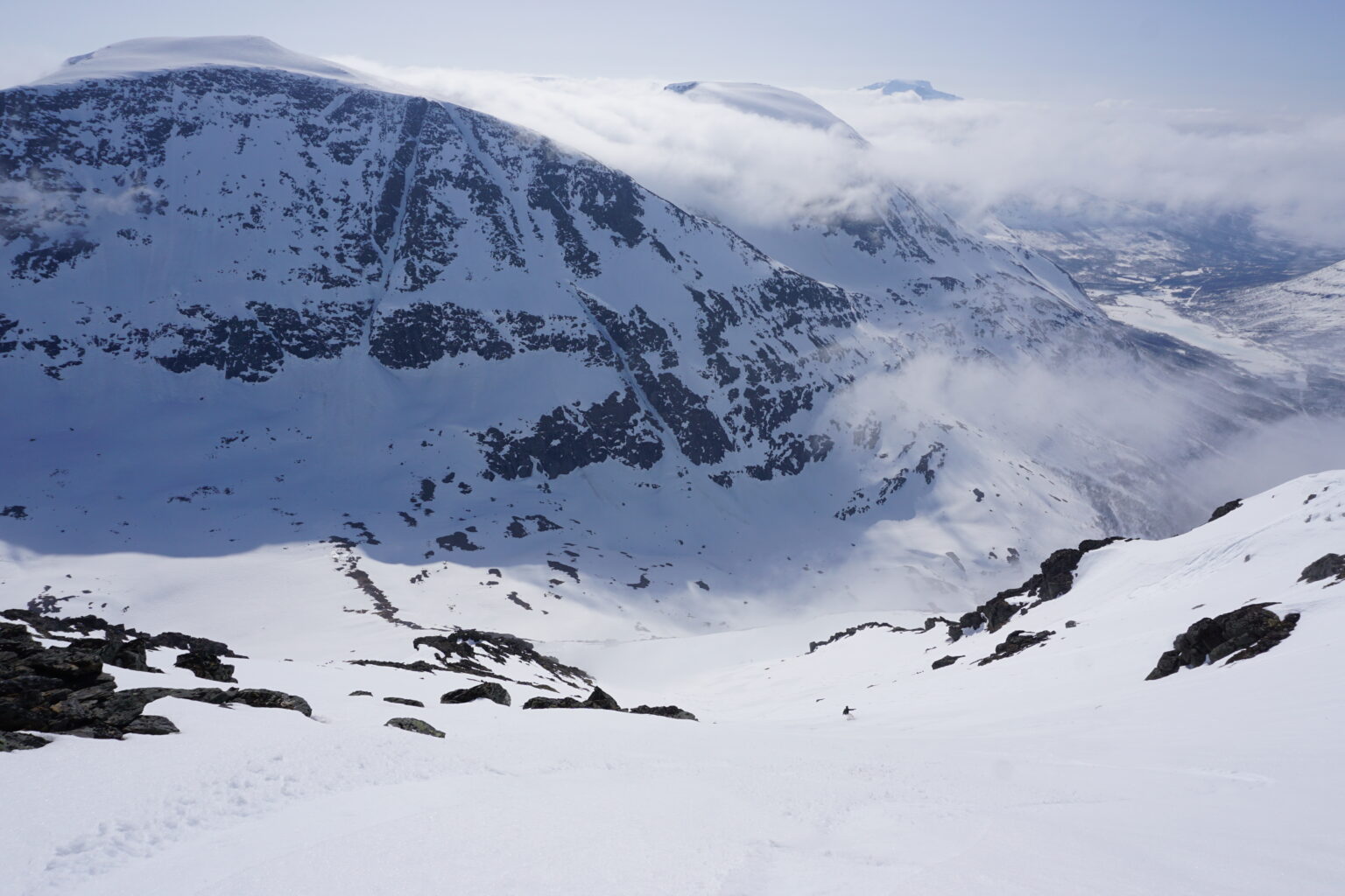 Snowboarding down the lower section of the Kitchen Chute