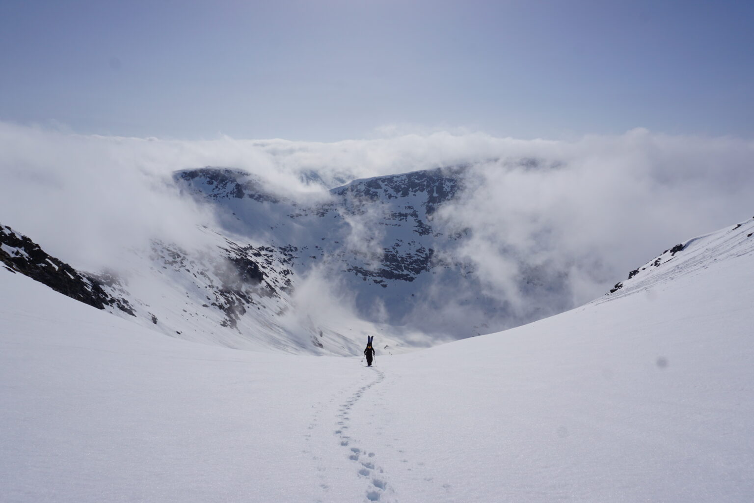 Hiking up to the low col to access the Kitchen Chute